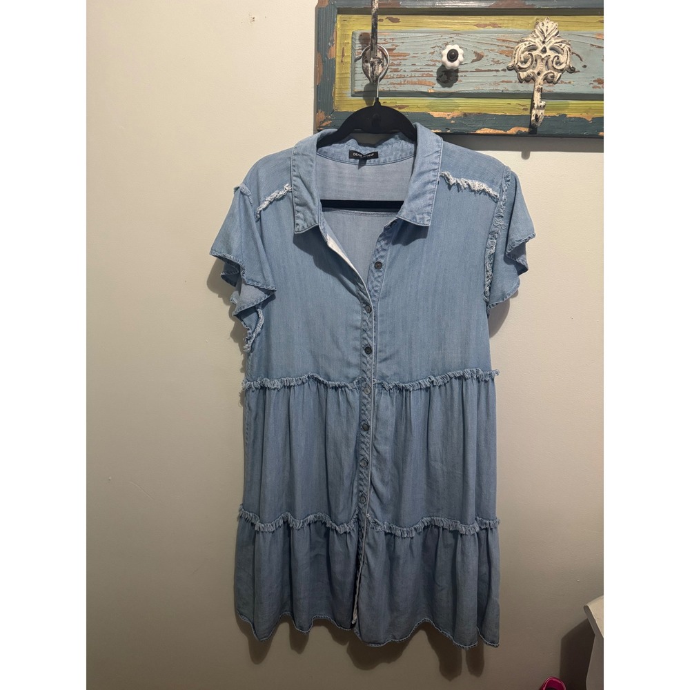Dear John Womens Light Wash Denim Tiered Babydoll Dress Flutter Sleeve Blue Med
